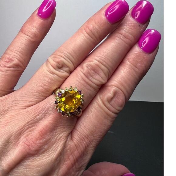 Yellow topaz multi stone gold over sterling silver halo cocktail ring size 8 - Picture 4 of 10